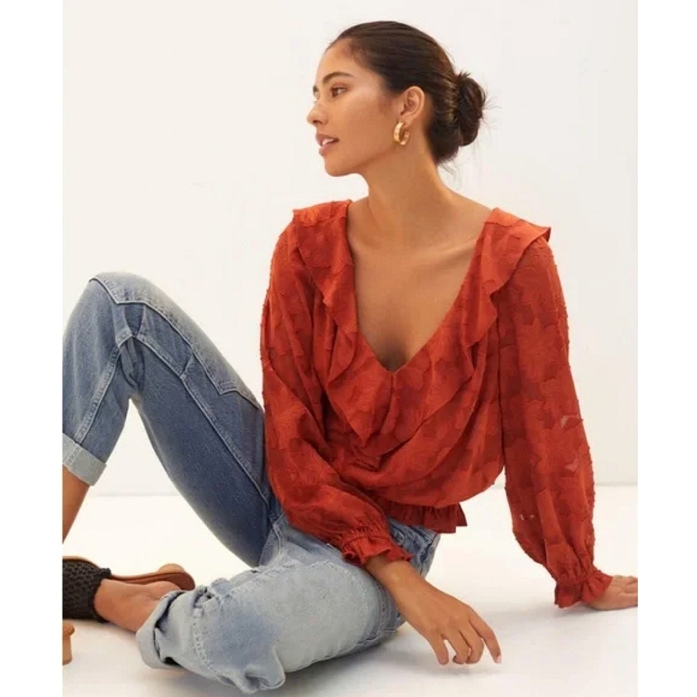 Anthropologie Textured Floral Blouse Cottagecore Balletcore Small Resortwear